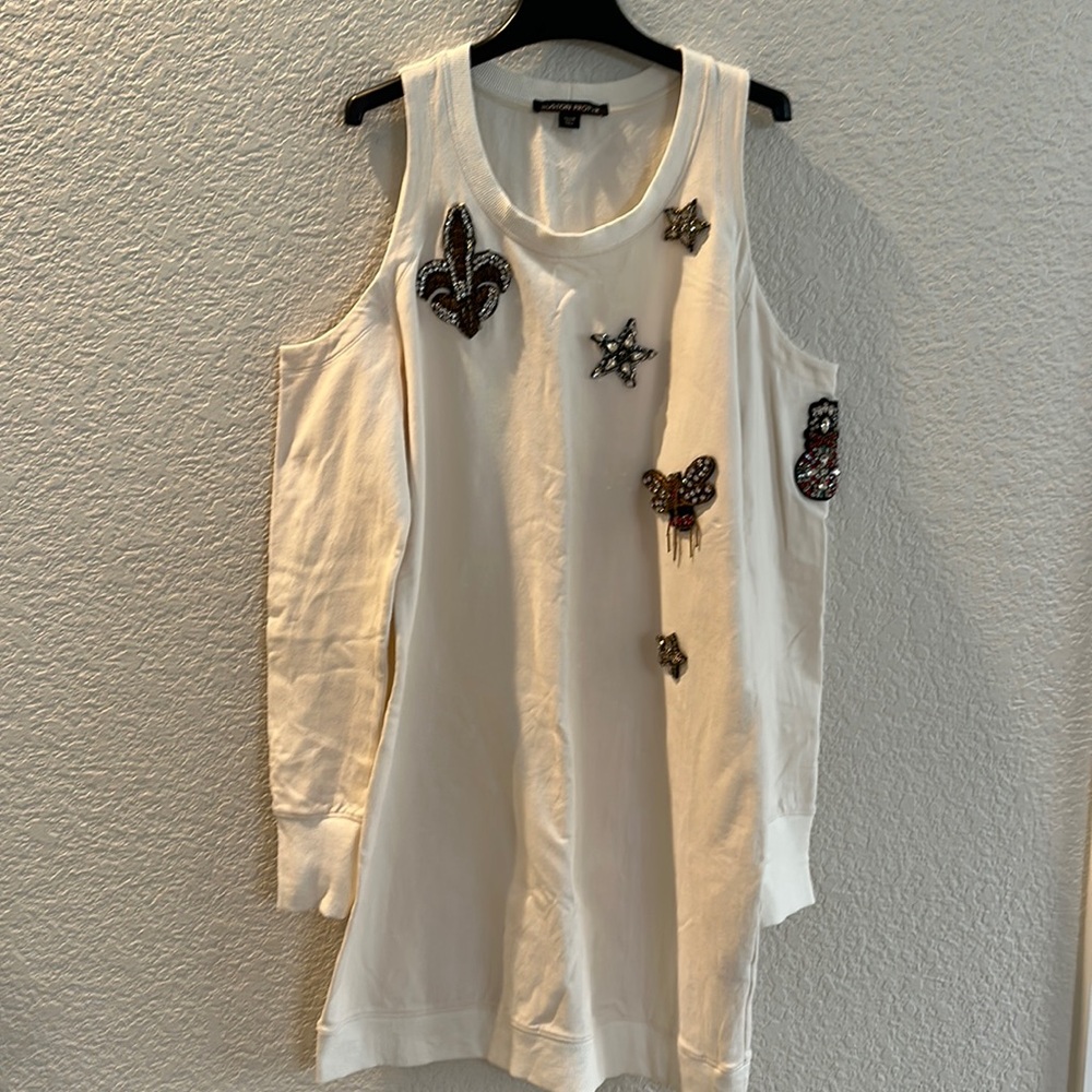 Boston proper sweatshirt dress with appliqués.